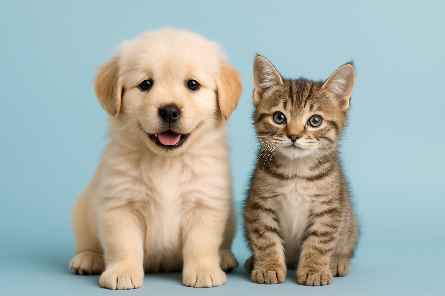 dog puppy and cat puppy sit with solid light blue color back ground