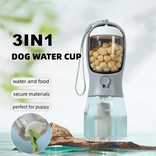 “3-in-1 Portable Dog Water Bottle with Food Container & Waste Bag Dispenser – Travel Pet Cup for Dogs & Puppies”