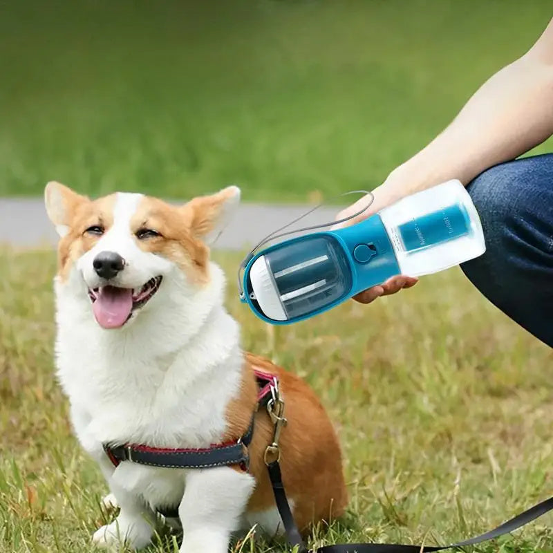 “3-in-1 Portable Dog Water Bottle with Food Container & Waste Bag Dispenser – Travel Pet Cup for Dogs & Puppies”