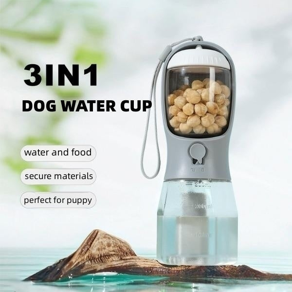 “3-in-1 Portable Dog Water Bottle with Food Container & Waste Bag Dispenser – Travel Pet Cup for Dogs & Puppies”