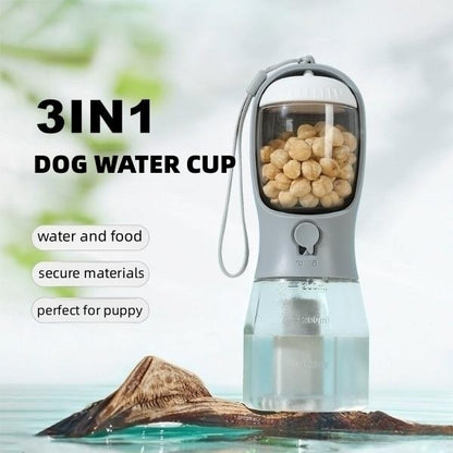 “3-in-1 Portable Dog Water Bottle with Food Container & Waste Bag Dispenser – Travel Pet Cup for Dogs & Puppies”